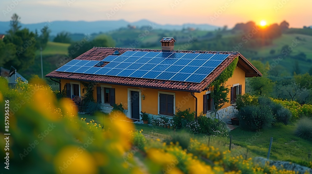 Solar panels in a close-up view on a farmhouse roof, lush green fields ...