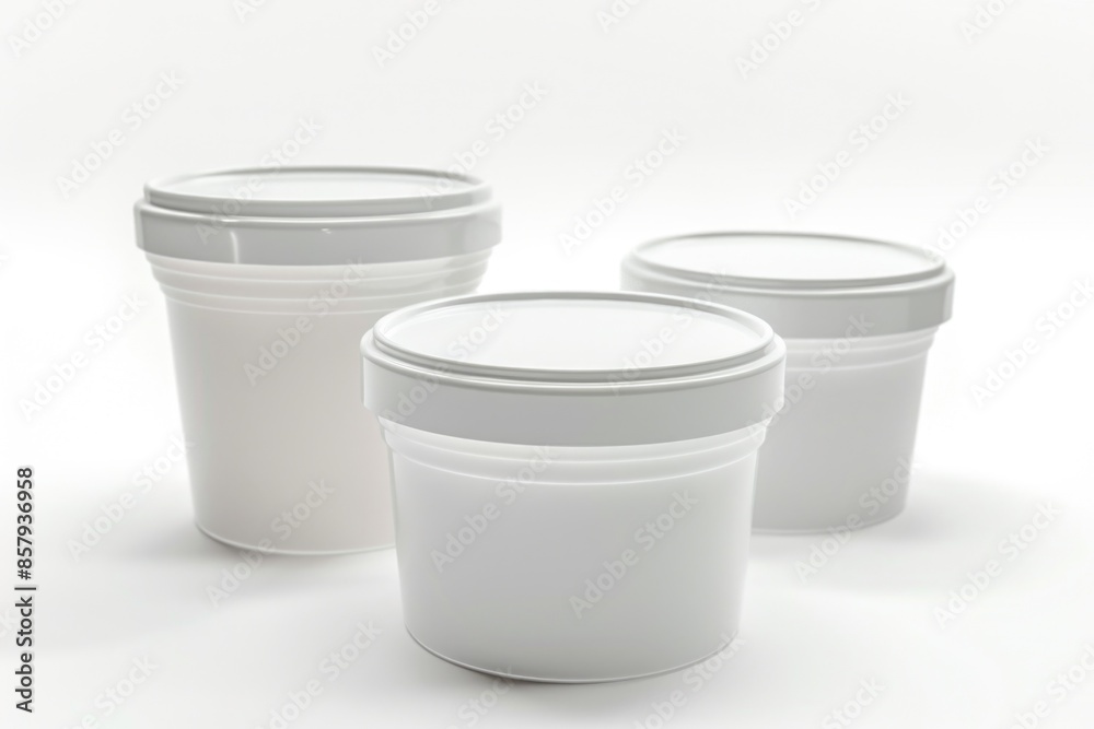 Three white containers with lids placed on a white surface Three white containers with lids placed on a white surface