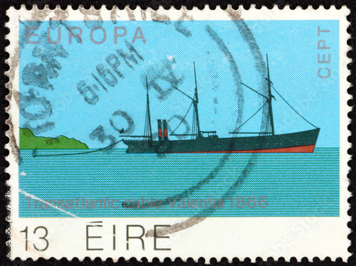 Obraz na płótnie Postage stamp Ireland 1979 Laying Transatlantic Cable, Steamer William Cory, 1866 w salonie