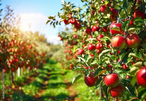 Apple orchard in autumn green grass, beautiful scenery, green nature	