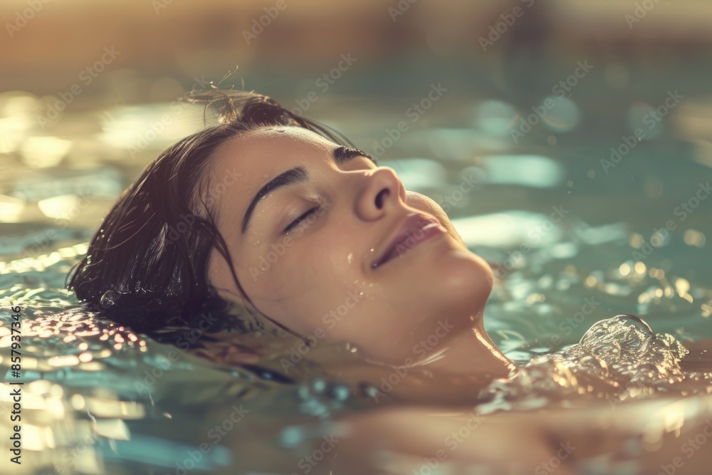 A woman floats serenely in a pool, her eyes closed as if in deep relaxation A woman floats serenely in a pool, her eyes closed as if in deep relaxation