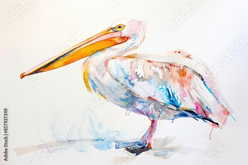 A colorful pelican sits peacefully on a white background, perfect for wildlife or nature-themed designs