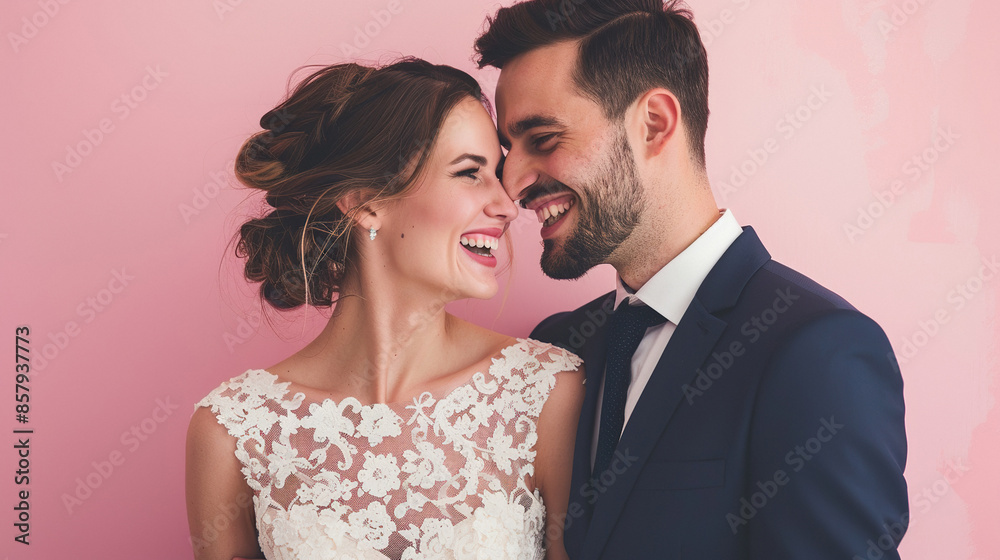 Wedding couple in wedding suit and dress laughing heartily with a pastel-colored backdrop Wedding couple in wedding suit and dress laughing heartily with a pastel-colored backdrop