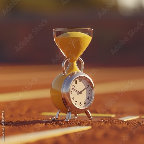 Hourglass and clock on a tennis court, symbolizing time and sport.