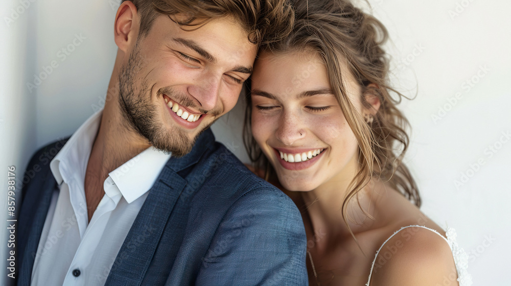 Wedding Caucasian couple gazing into each others eyes with joy Wedding Caucasian couple gazing into each others eyes with joy