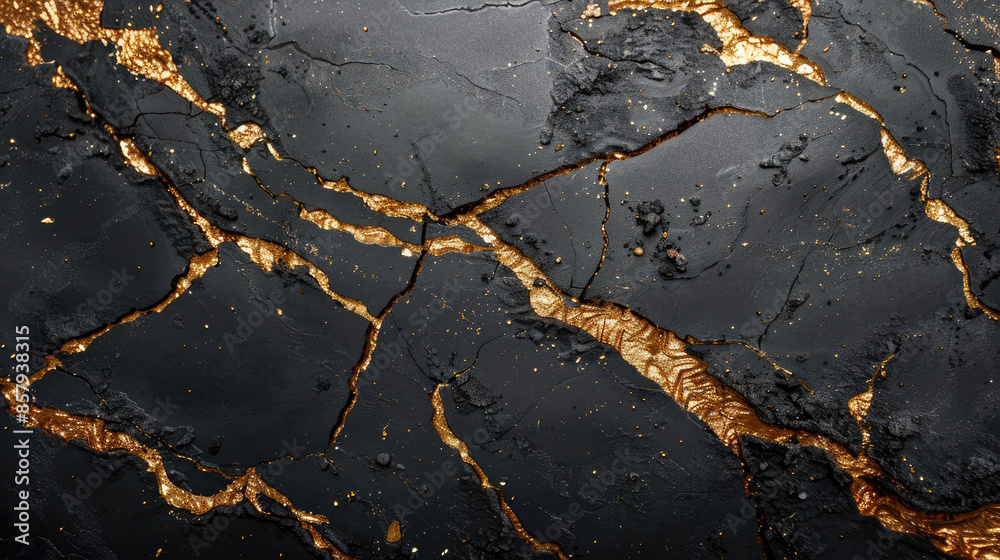 Obraz premium Abstract Black and Gold Marble Texture with Cracked Patterns