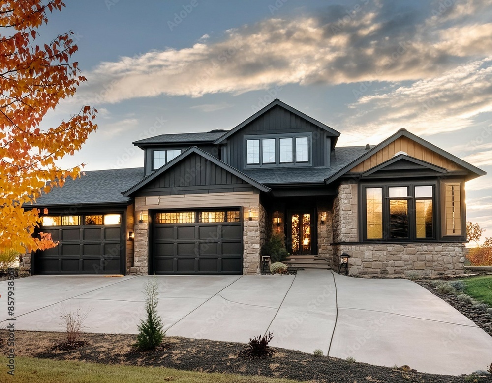 Modern farmhouse style home in Colorado with a large garage, front porch, and black exterior