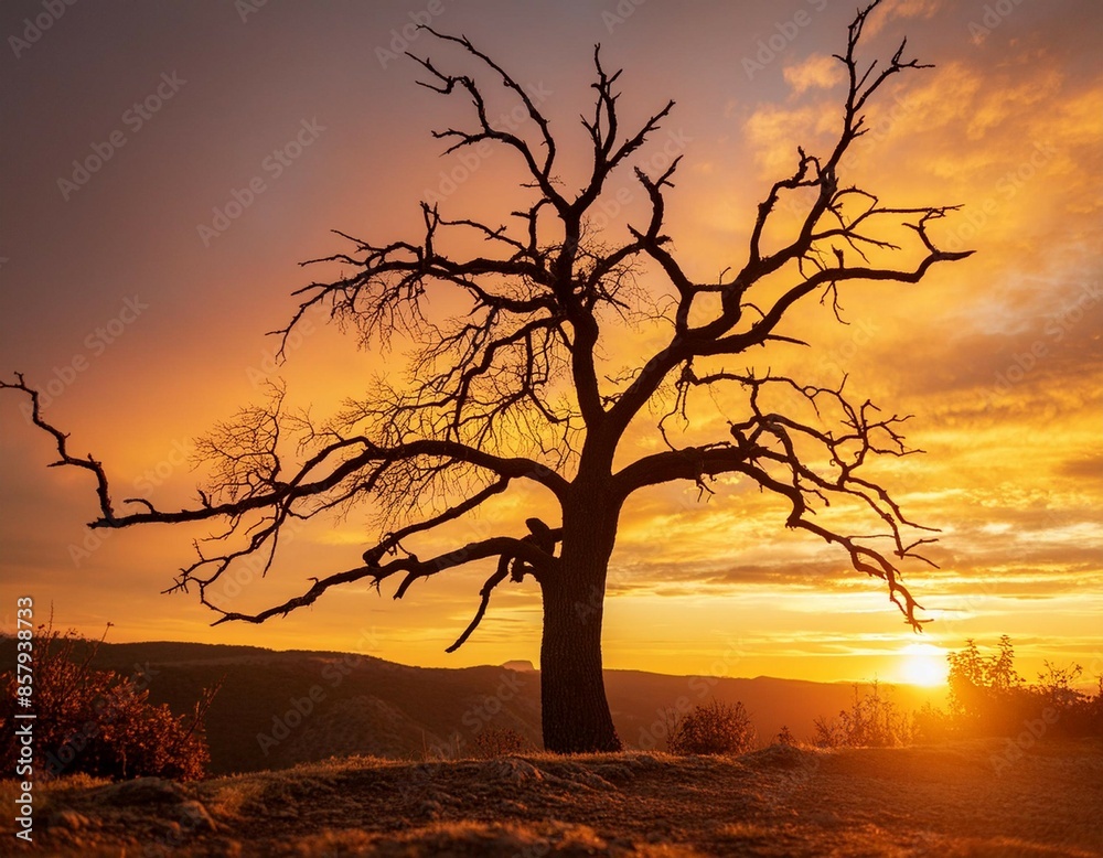 Silhouette dead tree on beautiful sunset or sunrise on golden sky. Background for peaceful and tranquil concept. Light for hope and spiritual. Awakening and inspiration concept. Soul and respect Silhouette dead tree on beautiful sunset or sunrise on golden sky. Background for peaceful and tranquil concept. Light for hope and spiritual. Awakening and inspiration concept. Soul and respect