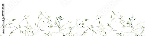 Watercolor painted meadow greenery seamless frame on white background. Green wild plants, branches, leaves and twigs.