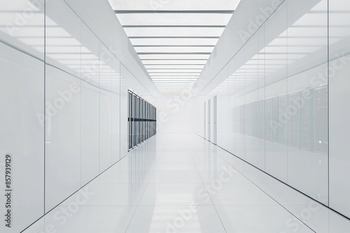 3d rendering of modern white data center with rows of computer server cabinets in an empty room with square tile floor and ceiling lights. White background.


