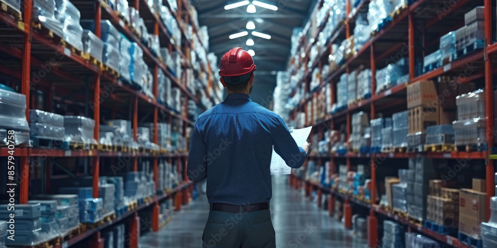 Interior of a modern warehouse storage of retail shop with pallet truck near shelves Interior of a modern warehouse storage of retail shop with pallet truck near shelves