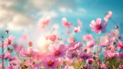 Pink Cosmos Flowers Blooming in Soft Light © hazia