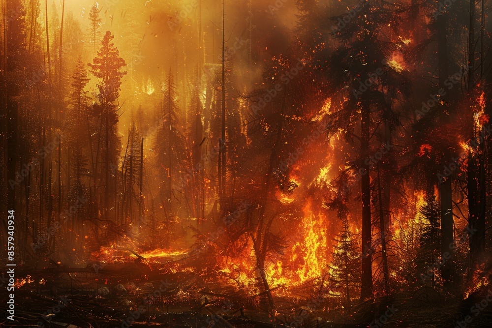 Fototapeta premium Intense Wildfire Ravaging Through Forest at Night