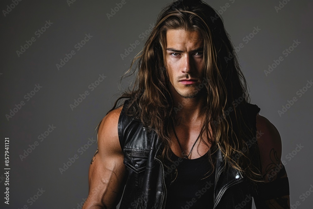 A person with long hair and leather vest, suitable for rock music or heavy metal theme A person with long hair and leather vest, suitable for rock music or heavy metal theme