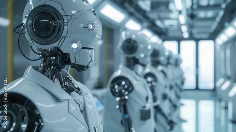 A group of robots standing together in a room A group of robots standing together in a room