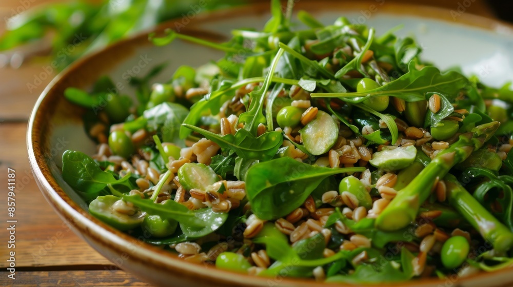Fresh salad with greens, edamame, and grains in a ceramic bowl. Fresh salad with greens, edamame, and grains in a ceramic bowl.