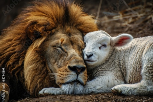 Two animals, lion and lamb, lying on the ground together