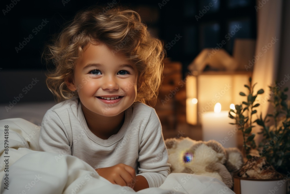 Smiling Child with Sparkling Fairy Lights at Nighttime Smiling Child with Sparkling Fairy Lights at Nighttime