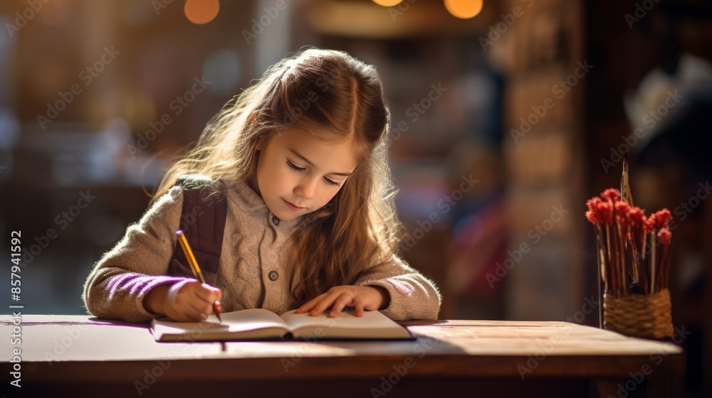 Young Girl Concentrating on Writing in Warm Indoor Light. International Dysgraphia Awareness Day Young Girl Concentrating on Writing in Warm Indoor Light. International Dysgraphia Awareness Day