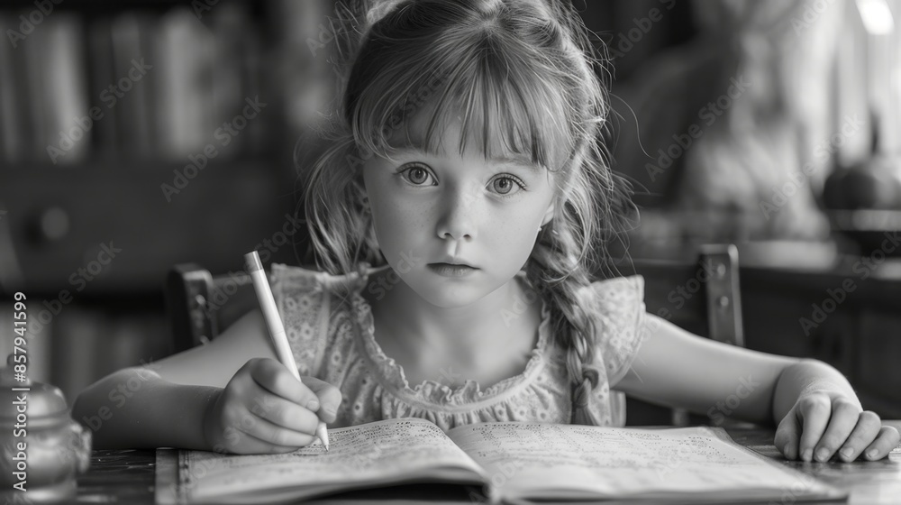 Young Girl Writing in Notebook at Rustic Table. International Dysgraphia Awareness Day Young Girl Writing in Notebook at Rustic Table. International Dysgraphia Awareness Day