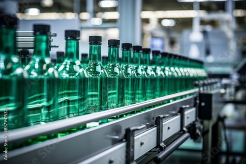 Automated bottling machine filling glass bottles with blue liquid on a production line in a factory