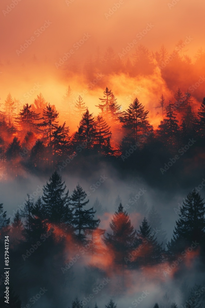 A serene scene of trees and fog at sunset, great for use in travel or nature photography A serene scene of trees and fog at sunset, great for use in travel or nature photography