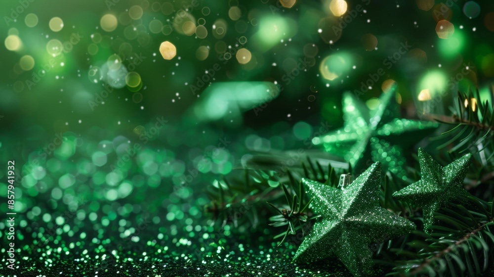 Green glitter stars with bokeh lights in the background. Green glitter stars with bokeh lights in the background.