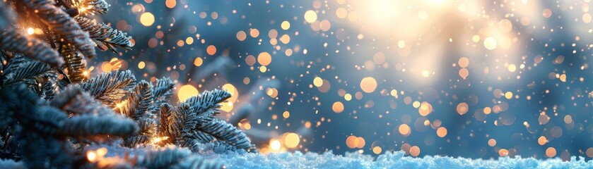 Festive winter scene with snow covered trees and twinkling lights.