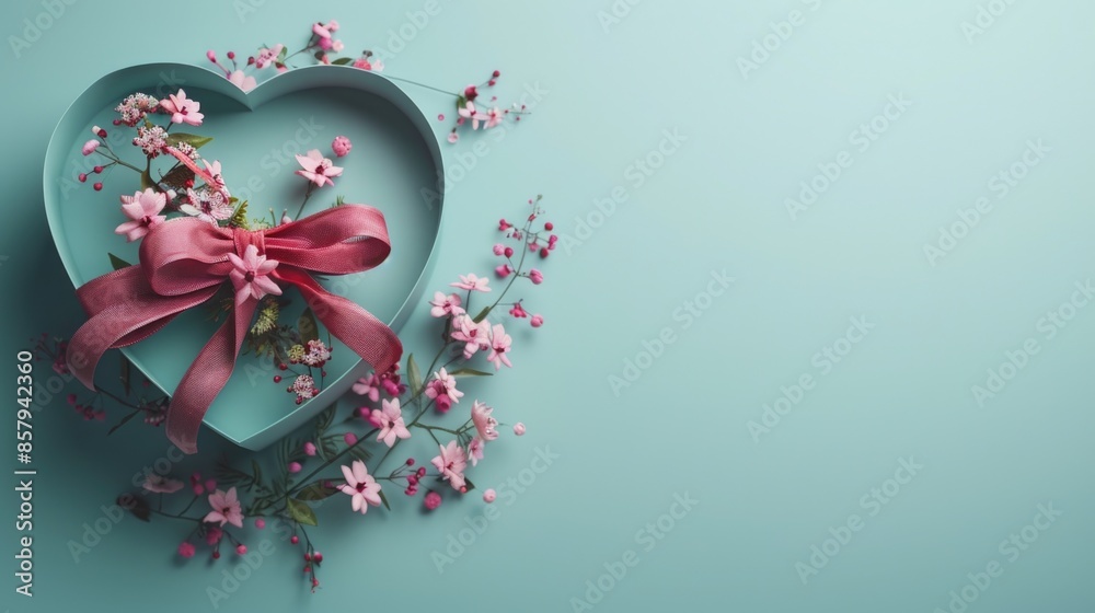 A pink heart-shaped gift box filled with flowers and tied with a ribbon, perfect for romantic gestures or special occasions