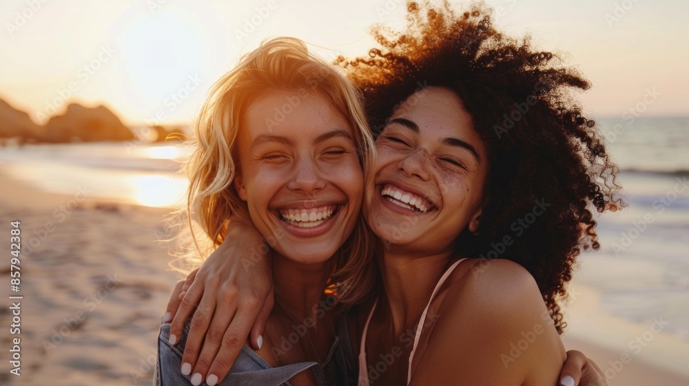 Two women are smiling and hugging each other on a beach Two women are smiling and hugging each other on a beach