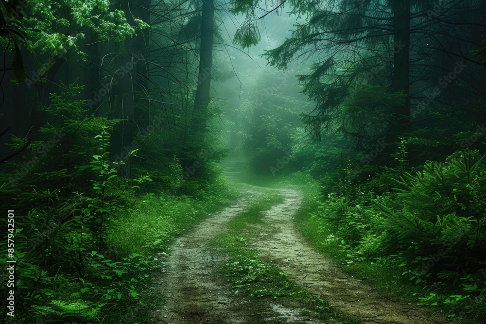Fototapeta premium A winding dirt path through dense forest foliage