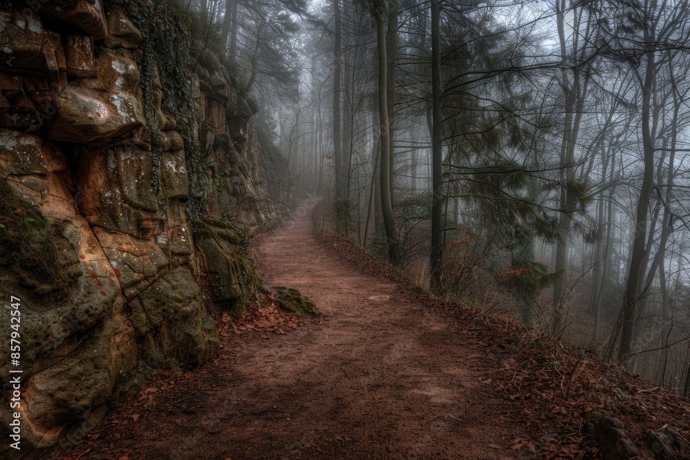 A dirt path running through the dense forest A dirt path running through the dense forest