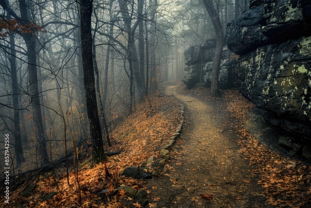 Obraz premium A narrow path surrounded by dense fog and trees in a mystical atmosphere