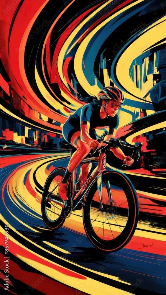 Fototapeta premium Dynamic Cyclist Racing Through Vibrant Abstract Cityscape with Swirling Light Trails