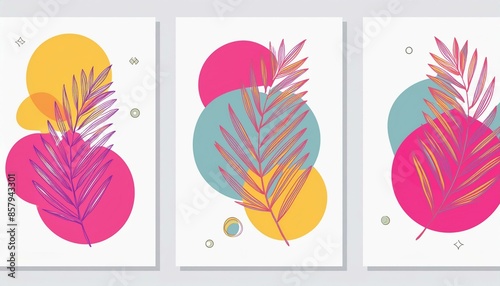 Abstract geometric, natural shapes poster set in mid century style. Modern illustration: tropical palm leaf, geo elements for minimalist print, poster, boho wall decor, flat design Vector minimal