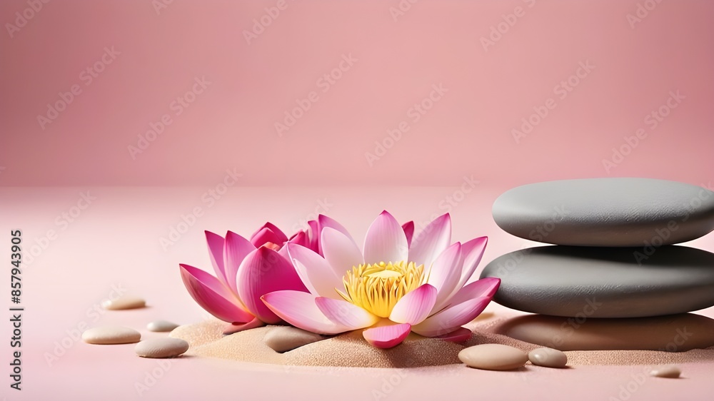 Zen stones, velvet sand and lotus flower on pink background witn copy space, wellness and harmony, massage and bodycare, spa and wellness concept Zen stones, velvet sand and lotus flower on pink background witn copy space, wellness and harmony, massage and bodycare, spa and wellness concept