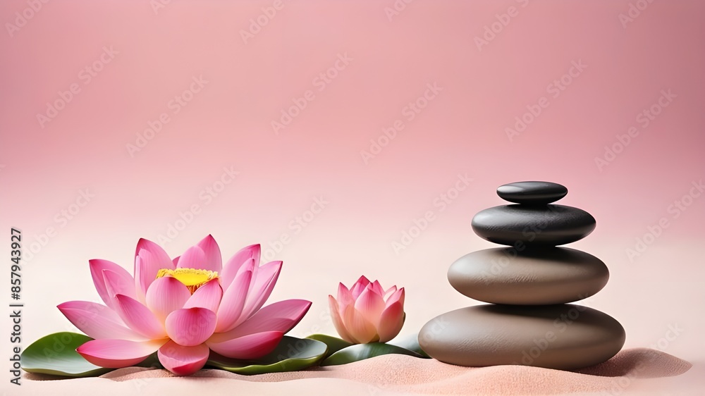 Zen stones, velvet sand and lotus flower on pink background witn copy space, wellness and harmony, massage and bodycare, spa and wellness concept Zen stones, velvet sand and lotus flower on pink background witn copy space, wellness and harmony, massage and bodycare, spa and wellness concept