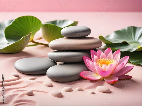 Zen stones, velvet sand and lotus flower on pink background witn copy space, wellness and harmony, massage and bodycare, spa and wellness concept