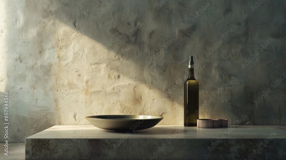 A bottle of wine and a bowl on a table setting A bottle of wine and a bowl on a table setting