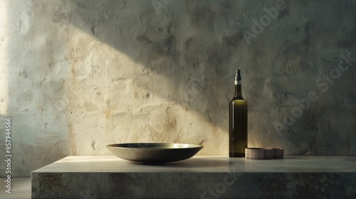 A bottle of wine and a bowl on a table setting