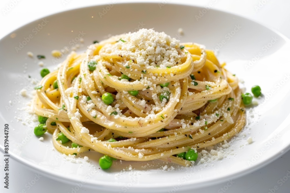 Artfully Presented Carbonara Cacio e Pepe Pasta with Peas and Pancetta Artfully Presented Carbonara Cacio e Pepe Pasta with Peas and Pancetta