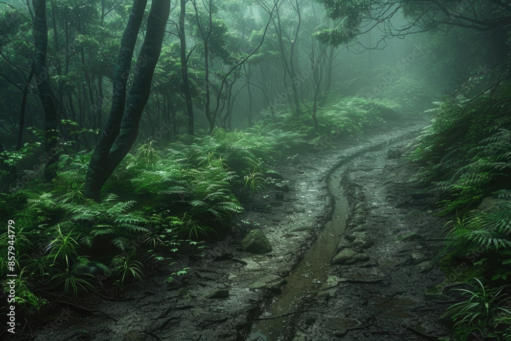 A dirt road winding through a dense forest, surrounded by trees and foliage A dirt road winding through a dense forest, surrounded by trees and foliage