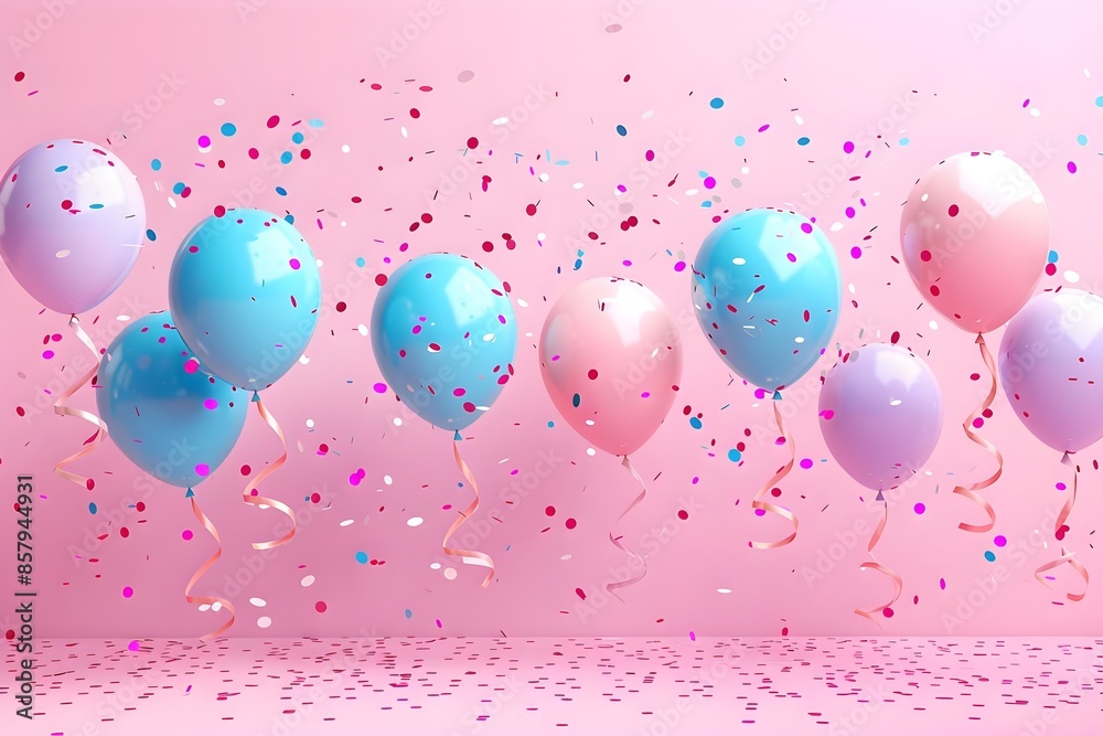 Balloons with confetti, ribbons on a pink light background. Festive illustration, greeting card, poster, congratulations on birthday, anniversary. Minimalistic creative picture Balloons with confetti, ribbons on a pink light background. Festive illustration, greeting card, poster, congratulations on birthday, anniversary. Minimalistic creative picture