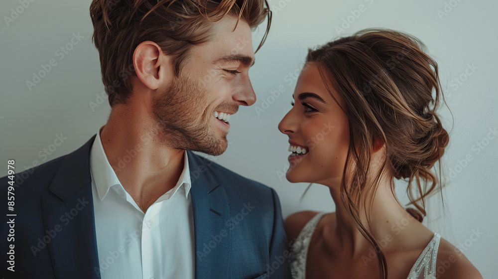 Naklejka premium Wedding Caucasian couple gazing into each others eyes with joy