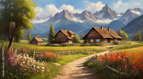 An Idyllic countryside summer landscape with wooden old houses, beautiful flowers and trees with the Alp mountains in the background, landscape oil painting style image

