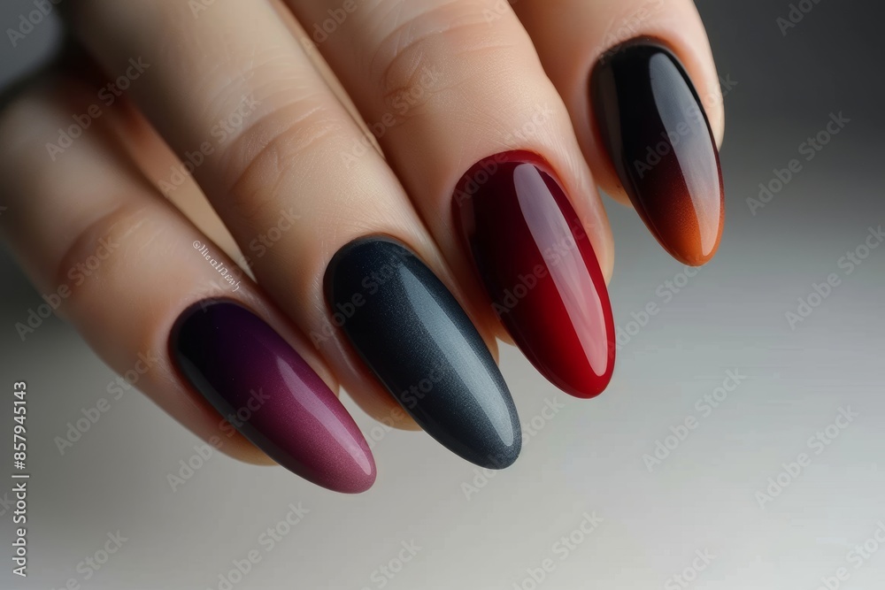 Elegant multicolored manicure blending matte and shiny nail polish in stylish harmony Elegant multicolored manicure blending matte and shiny nail polish in stylish harmony