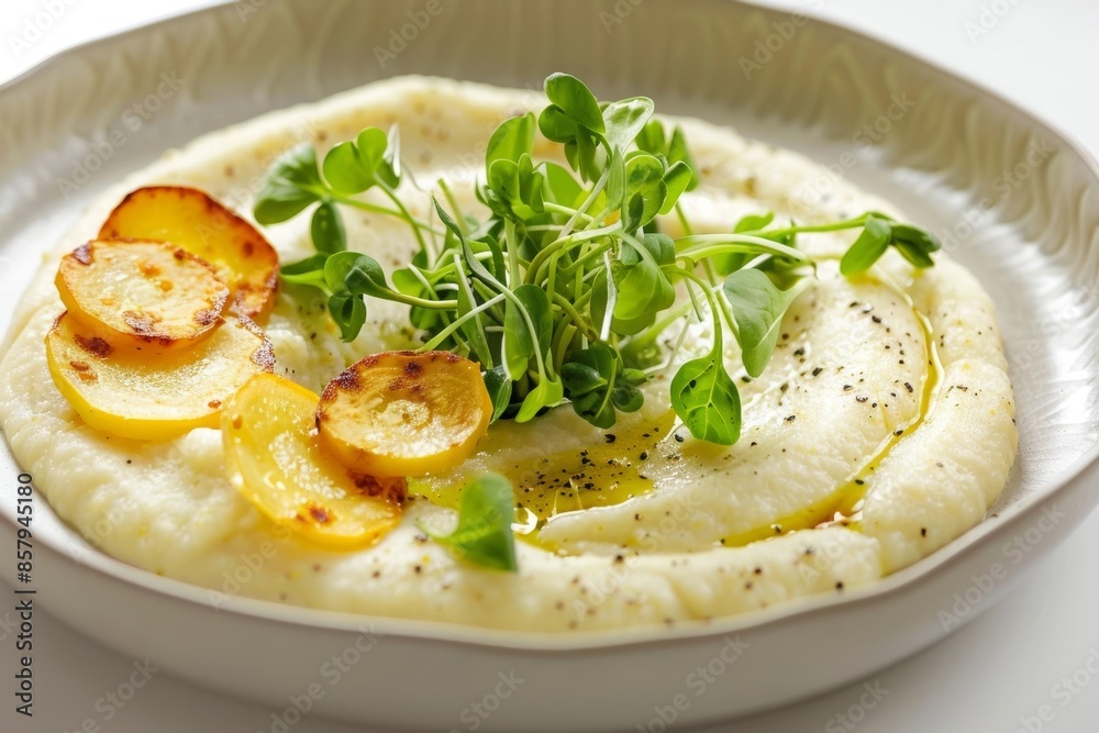 Delicate Celeriac Puree with Sautéed Coins and Fresh Watercress Delicate Celeriac Puree with Sautéed Coins and Fresh Watercress