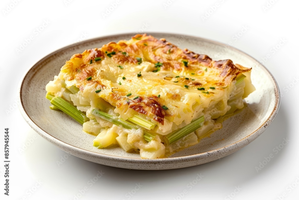 Fine Dining Celery Root Fennel Gratin in Porcelain Dish Fine Dining Celery Root Fennel Gratin in Porcelain Dish
