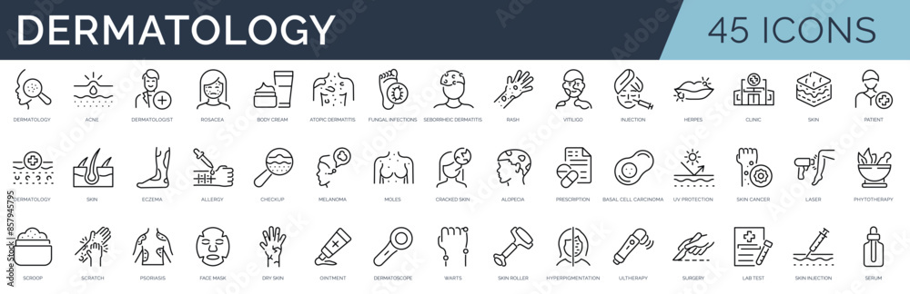 Set of 45 outline icons related to dermatology. Linear icon collection. Editable stroke. Vector illustration Set of 45 outline icons related to dermatology. Linear icon collection. Editable stroke. Vector illustration