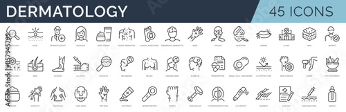 Set of 45 outline icons related to dermatology. Linear icon collection. Editable stroke. Vector illustration